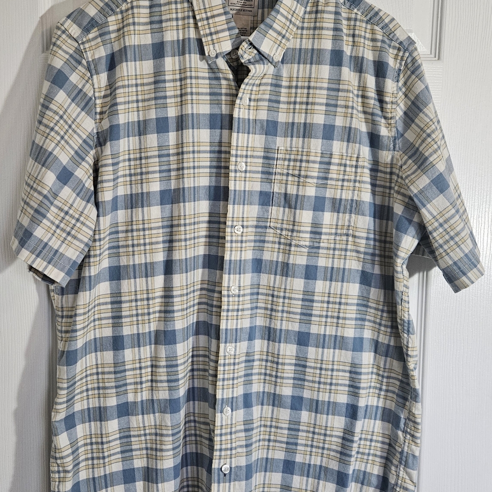 L.L. Bean LT Short-Sleeve Plaid Button-Down Shirt in Blue,Cream,Yellow